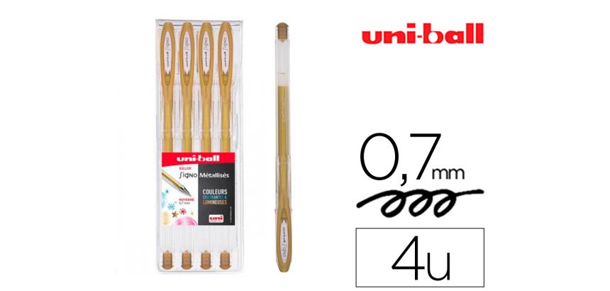 Roller uniball signo encre gel resistant pointe moyenne  trace 0,7mm coloris metallise or pochette de 4un