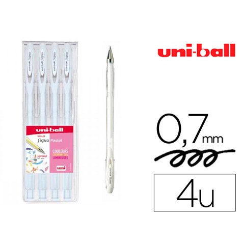 Roller uniball signo encre gel resistant pointe moyenne  trace 0,7mm coloris pastel    blanc pochette de 4un