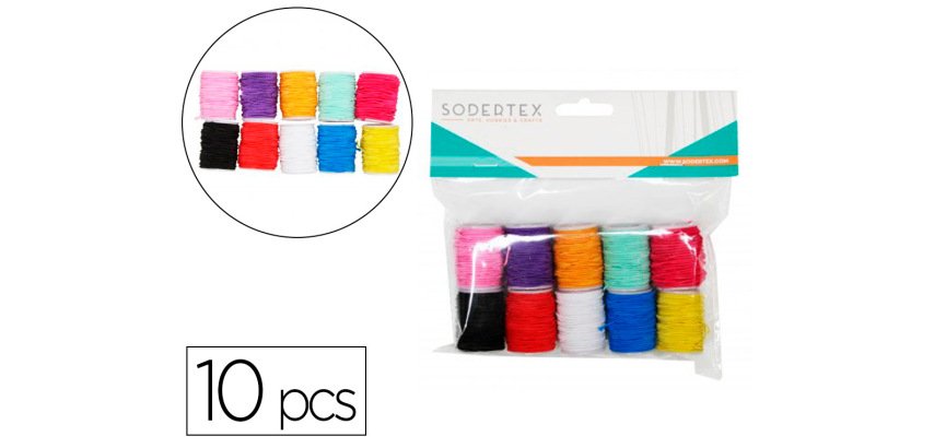 Bobines de fil sodertex polyester elastique 0,5mm x 5 ml 10 pieces coloris assortis