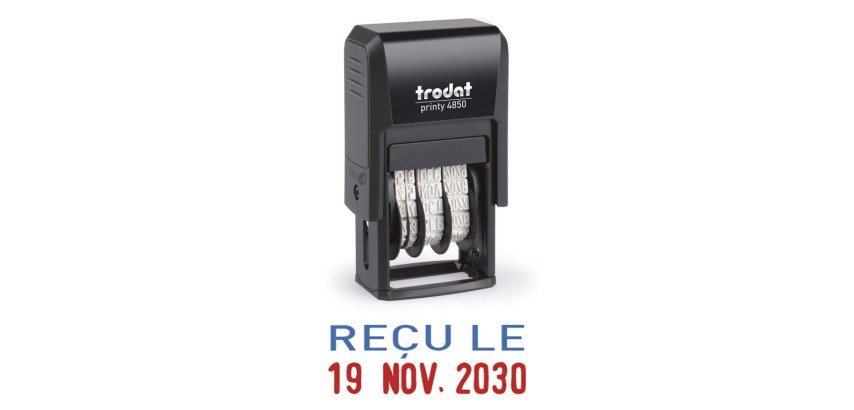 Tampon dateur trodat 4850/l1 mini avec formule recu le 25x11mm bicolore bleu/rouge