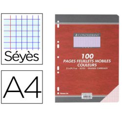 Feuillet mobile conquérant sept a4 210x297mm 100 pages 80g séyès perforé coloris rose