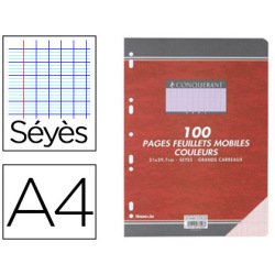 Feuillet mobile conquérant sept a4 210x297mm 100 pages 80g séyès perforé coloris rose