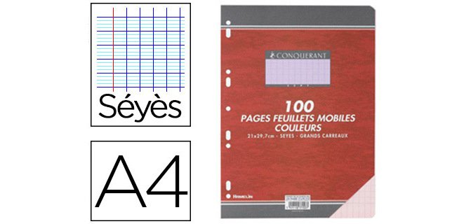 Feuillet mobile conquérant sept a4 210x297mm 100 pages 80g séyès perforé coloris rose