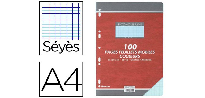 Feuillet mobile conquérant sept a4 210x297mm 100 pages 80g séyès perforé coloris bleu