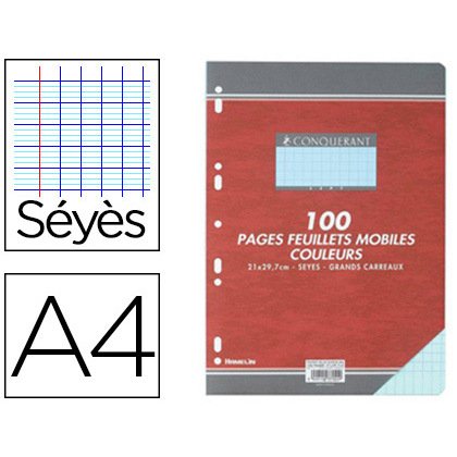 Feuillet mobile conquérant sept a4 210x297mm 100 pages 80g séyès perforé coloris bleu