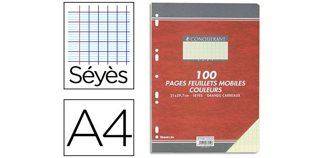 Feuillet mobile conquérant sept a4 210x297mm 100 pages 80g séyès perforé coloris jaune