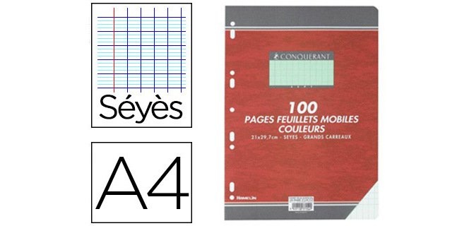 Feuillet mobile conquérant sept a4 210x297mm 100 pages 80g séyès perforé coloris vert