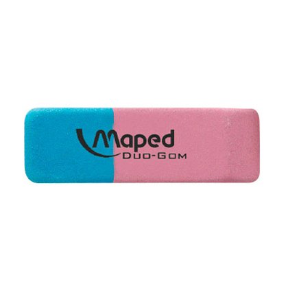 Gomme maped duo-gom mixte caoutchouc large côté rose crayon côté bleu encre