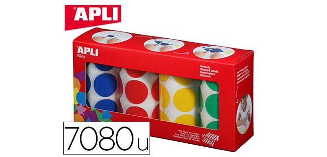 Gommette apli kids adhesive ronde 20mm coloris assortis   boite 4 rouleaux 7080 unites