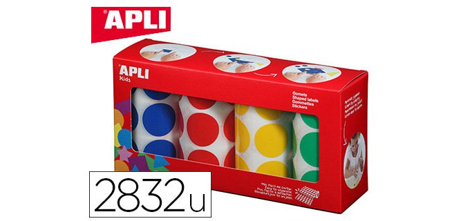 Gommette apli kids adhesive ronde 33mm coloris assortis   boite 4 rouleaux 2832 unites