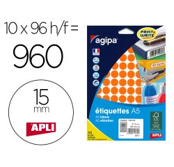 Etiquette agipa couleur multi-usage a5 diam.15 mm     coins arrondis etiq/poch 960  etiq/f 96 coloris orange
