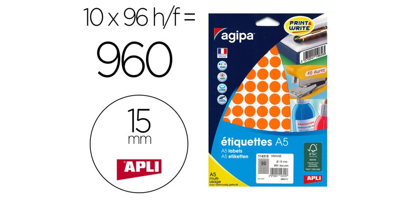 Etiquette agipa couleur multi-usage a5 diam.15 mm     coins arrondis etiq/poch 960  etiq/f 96 coloris orange