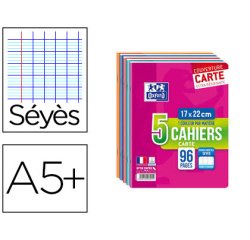 Cahier agrafé oxford a5+ 17x22cm 96 pages 90g séyès lot 5 unités carton 20 lots