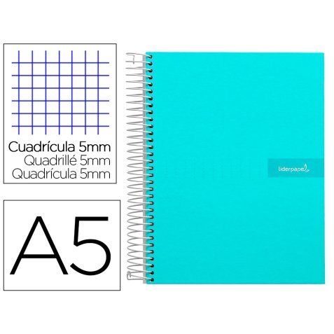 Cahier spirale liderpapel crafty couverture contrecollée a5 240p 90g/m2 5x5mm microperforé 6 trous coloris turquoise