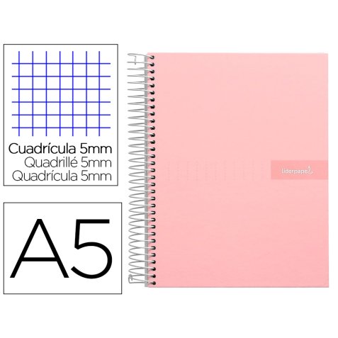 Cahier spirale liderpapel crafty couverture contrecollée a5 240p 90g/m2 5x5mm microperforé 6 trous coloris rose