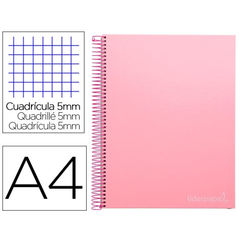 Cahier spirale liderpape jollycouverture contrecollée a4 280p 75g/m2 5x5mm microperforé 4 trous coloris rose