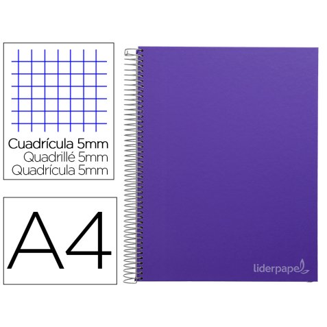 Cahier spirale liderpapel jolly couverture contrecollée a4 280p 75g/m2 5x5mm microperforé 4 trous coloris violet