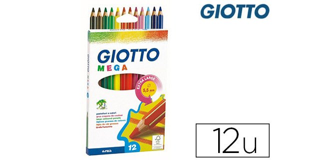 Crayon couleur giotto mega forme hexagonale mine large 5.5mm coloris assortis étui carton 12 unités
