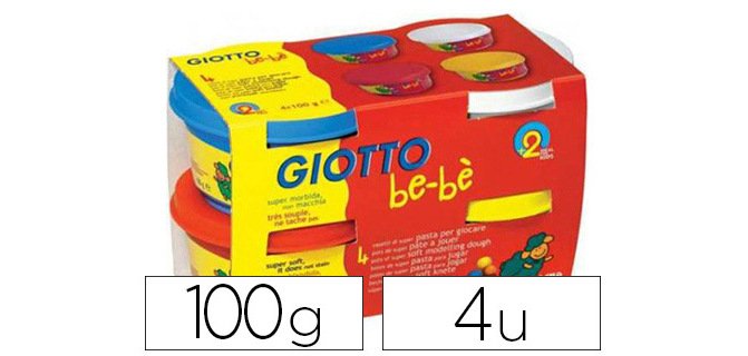 Pâte à modeler giotto be-bè testé dermatologiquement coloris assortis rouge jaune cyan blanc 4 pots 100g