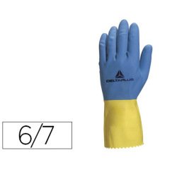 Gant ménage deltaplus latex floqué longueur 30cm épaisseur 0.60mm coloris bleu/jaune taille 6/7 paire