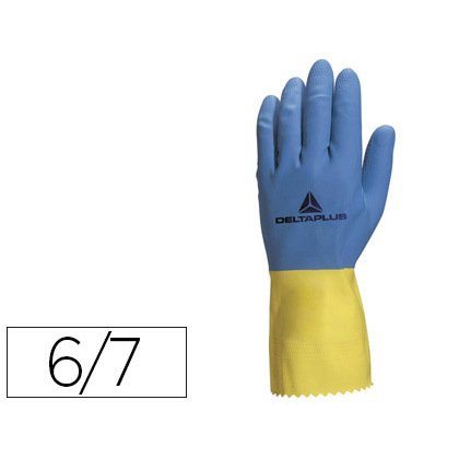 Gant ménage deltaplus latex floqué longueur 30cm épaisseur 0.60mm coloris bleu/jaune taille 6/7 paire