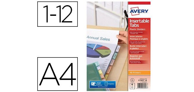 Pochette intercalaire avery pp 180 microns 12 touches ultra-résistantes onglet personnalisable coloris transparent