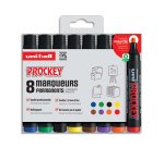 Marqueur uniball uni prockey permanent pointe biseautée tracé 2/5mm encre sans alcool corps plastique pochette 8 unités