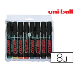 Marqueur uniball uni prockey permanent pointe biseautée tracé 2/5mm encre sans alcool corps plastique pochette 8 unités