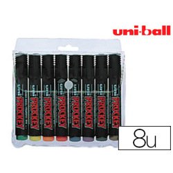Marqueur uniball uni prockey permanent pointe biseautée tracé 2/5mm encre sans alcool corps plastique pochette 8 unités