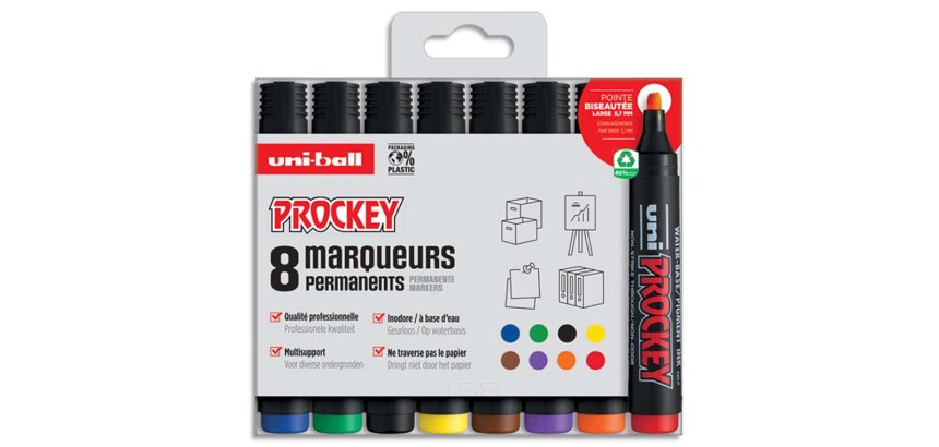Marqueur uniball uni prockey permanent pointe biseautée tracé 2/5mm encre sans alcool corps plastique pochette 8 unités