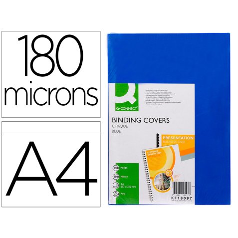 Plat couverture q-connect pvc 180 microns a4 relieurs spirales peignes anneaux coloris bleu boîte 100 unités