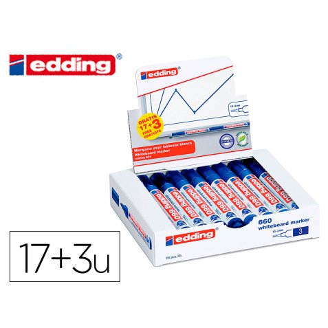 Marqueur edding e-660 tableaux blancs effacable a   sec pointe moyenne trace      1,5/3mm bleu pack 17 + 3