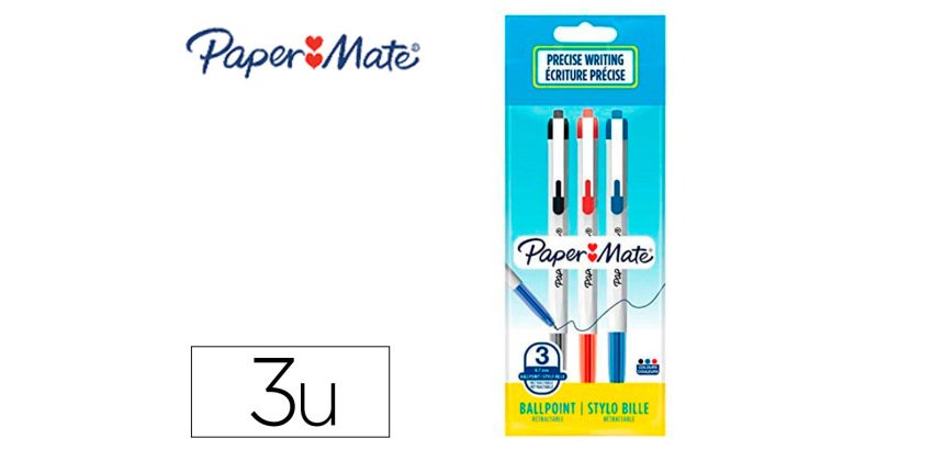 Stylo-bille paper mate 046 rt retractable pointe moyenne    0,7mm sachet 3 unites         assorties noir bleu rouge