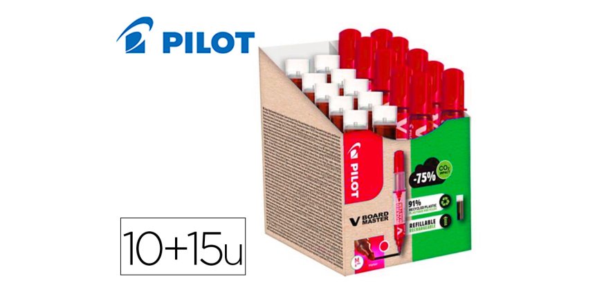 Pack pilot v-board master 10 marqueurs effacables a sec    pointe conique moyenne 10 recharges 5 offertes coloris rouge