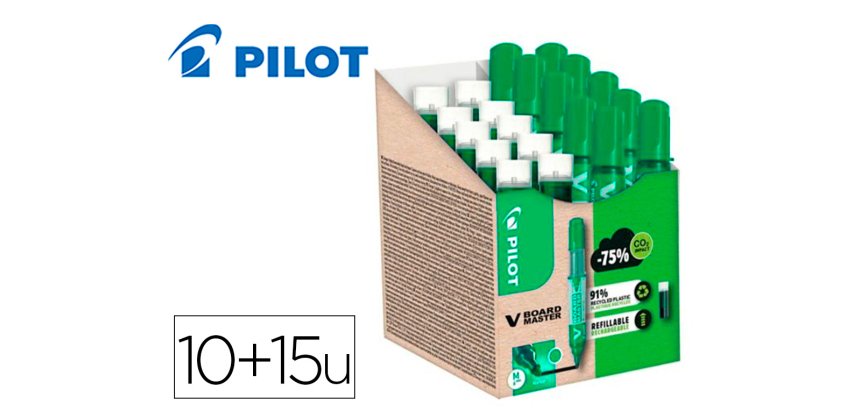 Pack pilot v-board master 10 marqueurs effacables a sec    pointe conique moyenne 10 recharges 5 offertes coloris vert