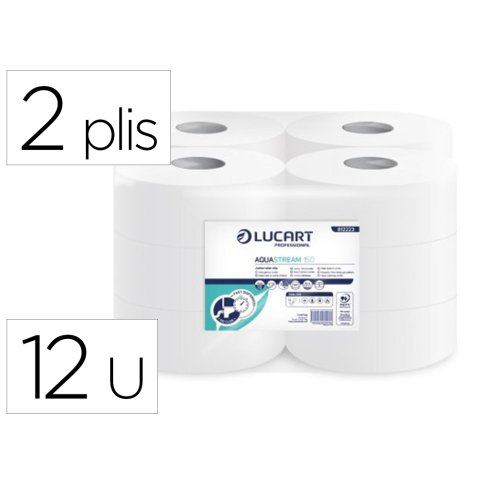 Papier toilette mini jumbo aquastream 150m coloris blanc 2 plis lot de 12