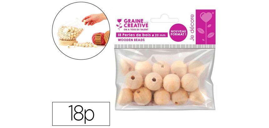 Perles en bois graine creative diametre 20mm sachet 18 pieces