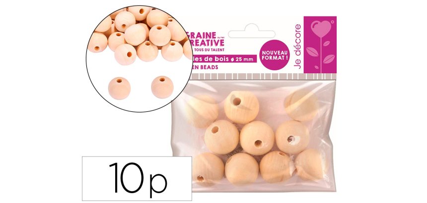 Perles en bois graine creative diametre 25mm sachet 10 pieces