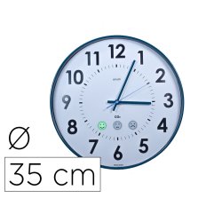 Horloge co2 cep diametre 35cm affiche heure format          analogique et niveau qualite  air coloris blanc et bleu