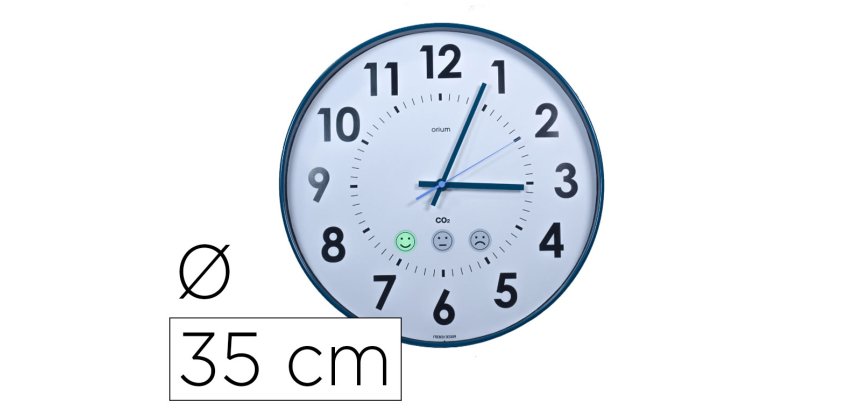 Horloge co2 cep diametre 35cm affiche heure format          analogique et niveau qualite  air coloris blanc et bleu