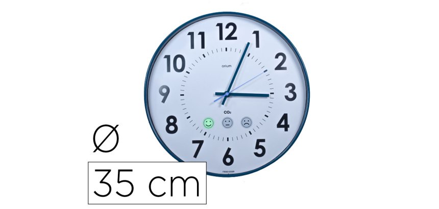 Horloge co2 cep diametre 35cm affiche heure format          analogique et niveau qualite  air coloris blanc et bleu