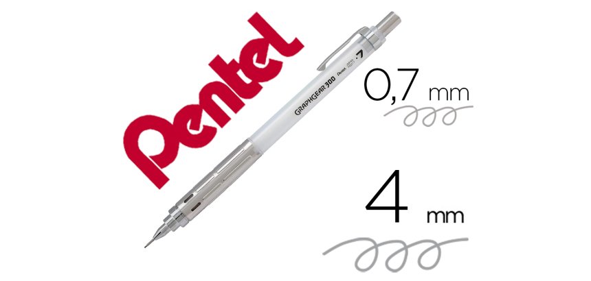 Porte-mines pentel graphgear 300 canon fixe 4mm mine 0,7mm grip metal gomme avec capuchoncorps metal coloris blanc