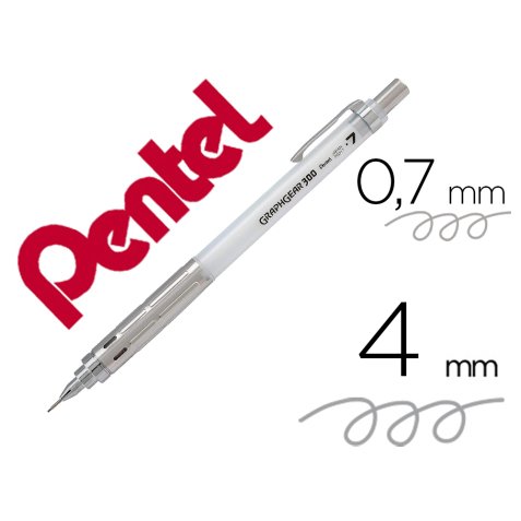 Porte-mines pentel graphgear 300 canon fixe 4mm mine 0,7mm grip metal gomme avec capuchoncorps metal coloris blanc