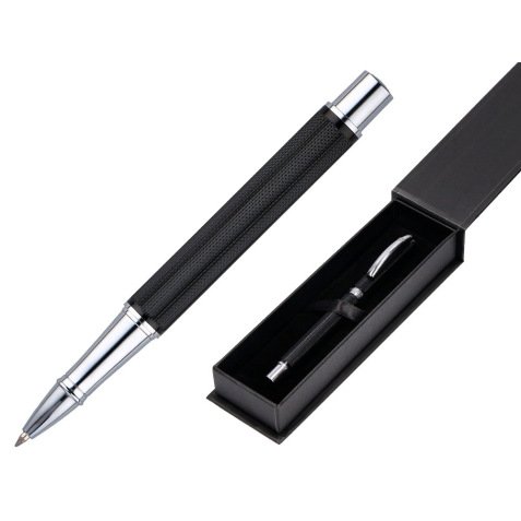 Roller belius turbo aluminium texture pointillee attributs  argent encre bleue coloris    noir dans coffret cadeau