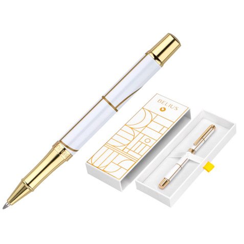 Roller belius carte blanche aluminium details et attributs or encre noire coloris blanc dans coffret cadeau