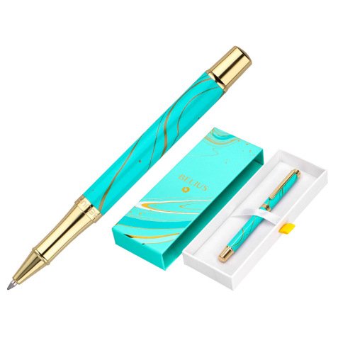 Roller belius aqua aluminium details et attributs or encre noire coloris turquoise dans  coffret cadeau