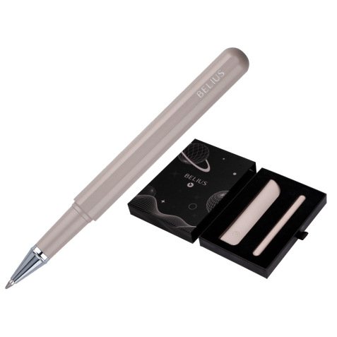 Roller et etui en simili cuir belius space b monochrome sans agrafe encre bleue coloris gris dans coffret cadeau