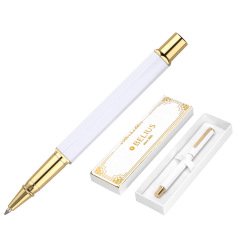 Stylo-bille belius macaron bliss hexagonal aluminium details et attributs or encre bleue coloris blanc coffret cadeau