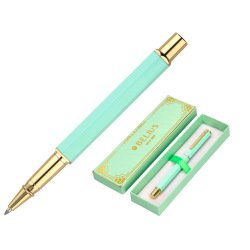 Stylo-bille belius macaron bliss hexagonal aluminium details et attributs or encre bleue coloris vert coffret cadeau