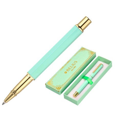 Stylo-bille belius macaron bliss hexagonal aluminium details et attributs or encre bleue coloris vert coffret cadeau